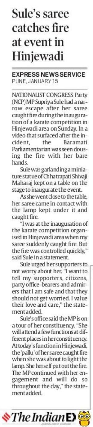 Sule saree catches fire at event in Hinjewadi 