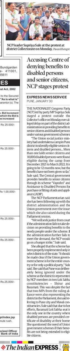 Supriya Sule stages protest outside Pune collector’s office over failure to provide benefit of central schemes to senior citizens and disabled people