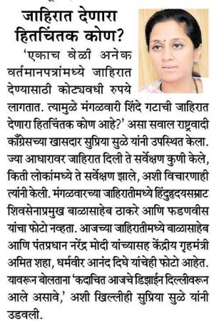 जाहिरात देणारा हितचिंतक कोण- खासदार सुप्रिया सुळे 