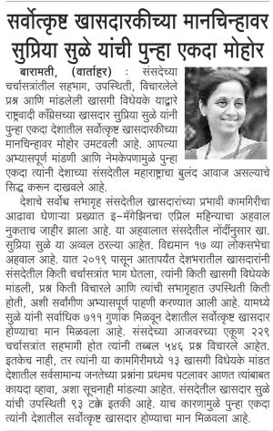 सर्वोत्कृष्ट खासदारकीच्या मानचिन्हावर सुप्रिया सुळे यांची पुन्हा एकदा मोहोर