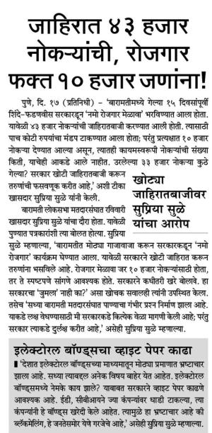 जाहिरात ४३ हजार नोकऱ्यांची, रोजगार फक्त १० हजार जणांना- खासदार सुप्रिया सुळे  