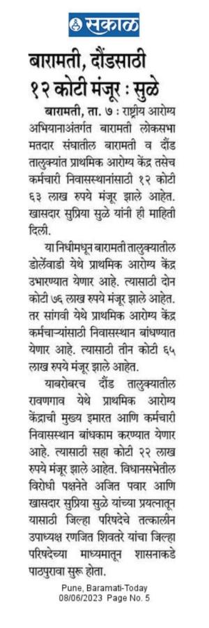 बारामती दौंडसाठी १२ कोटी मंजूर- खासदार सुप्रिया सुळे 