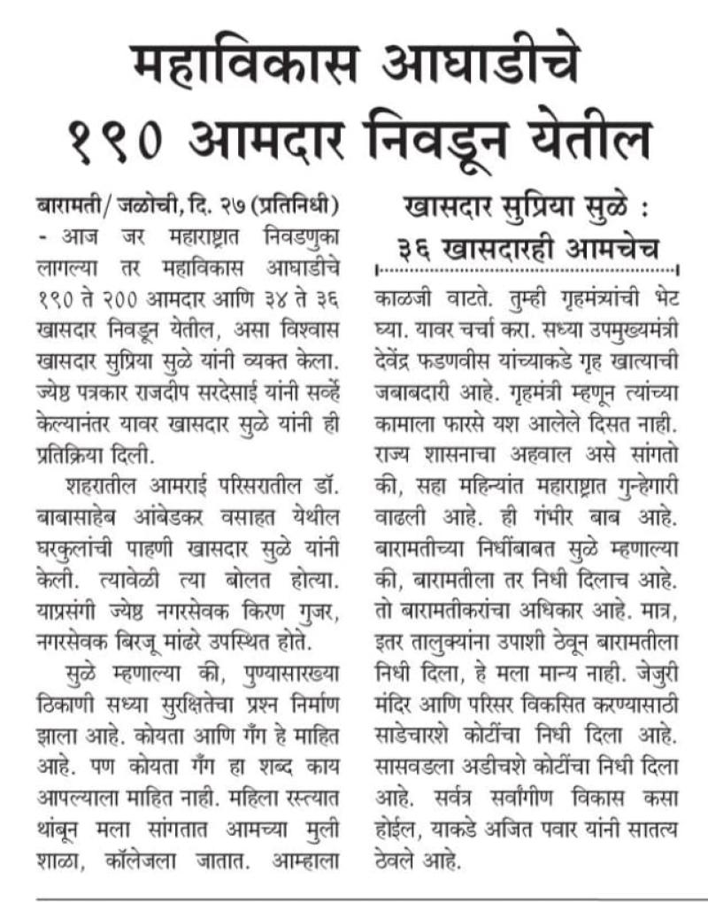 महाविकास आघाडीचे १९० आमदार निवडून येतील-खासदार सुप्रिया सुळे