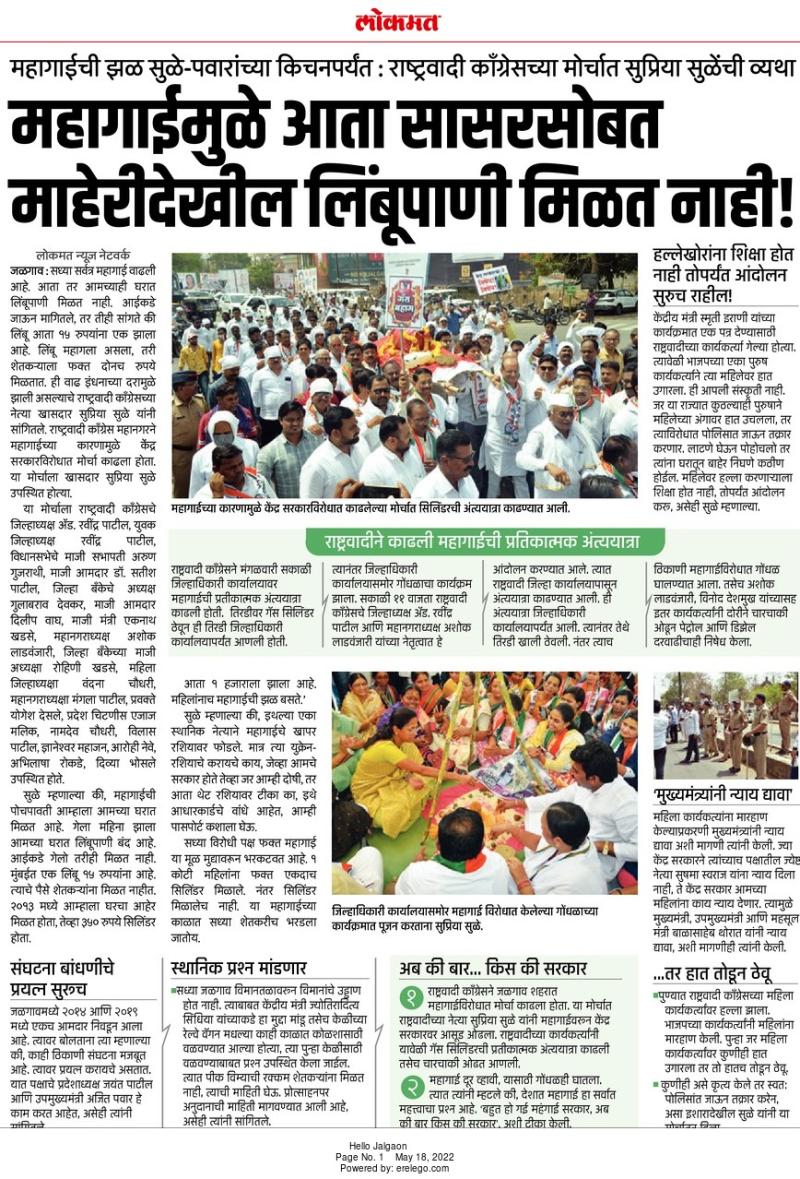 महागाईमुळे आता सासरसोबत माहेरीदेखील लिंबूपाणी मिळत नाही-खासदार सुप्रिया सुळे 