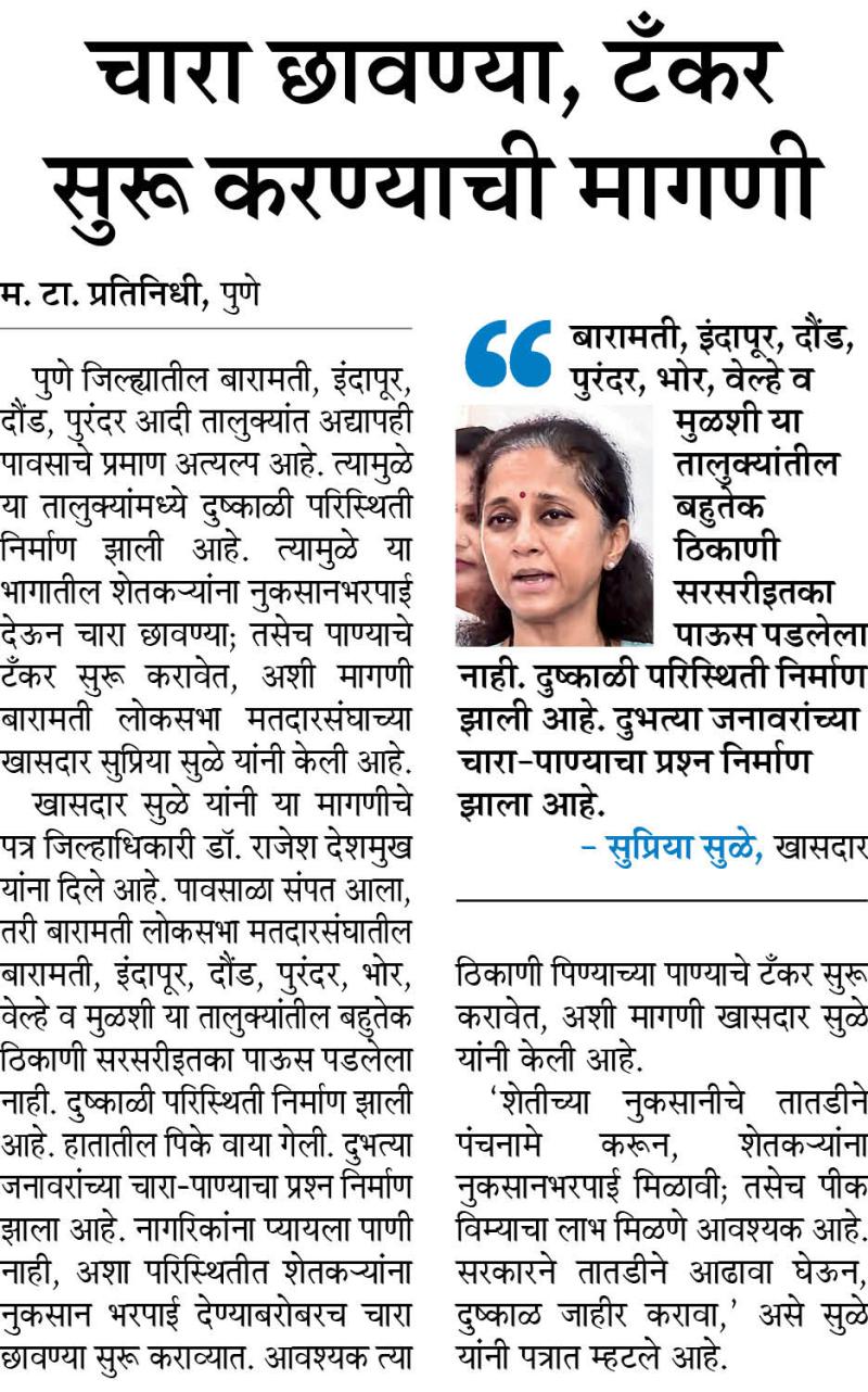 चारा छावण्या, टँकर सुरु करण्याची गरज- सुप्रिया सुळे 