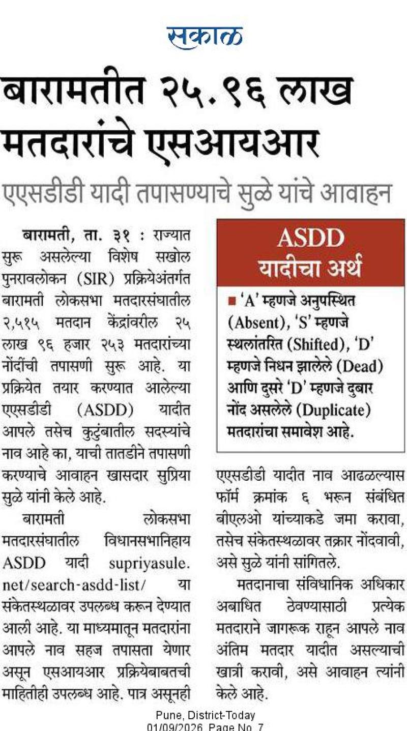 बारामतीत २५.९६ लाख मतदारांचे एसआयआर