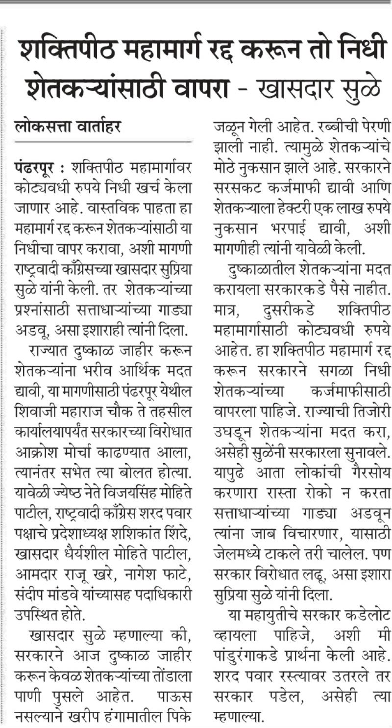 शक्तिपीठ महामार्ग रद्द करून तो निधी शेतकऱ्यांसाठी वापरा - खासदार सुळे