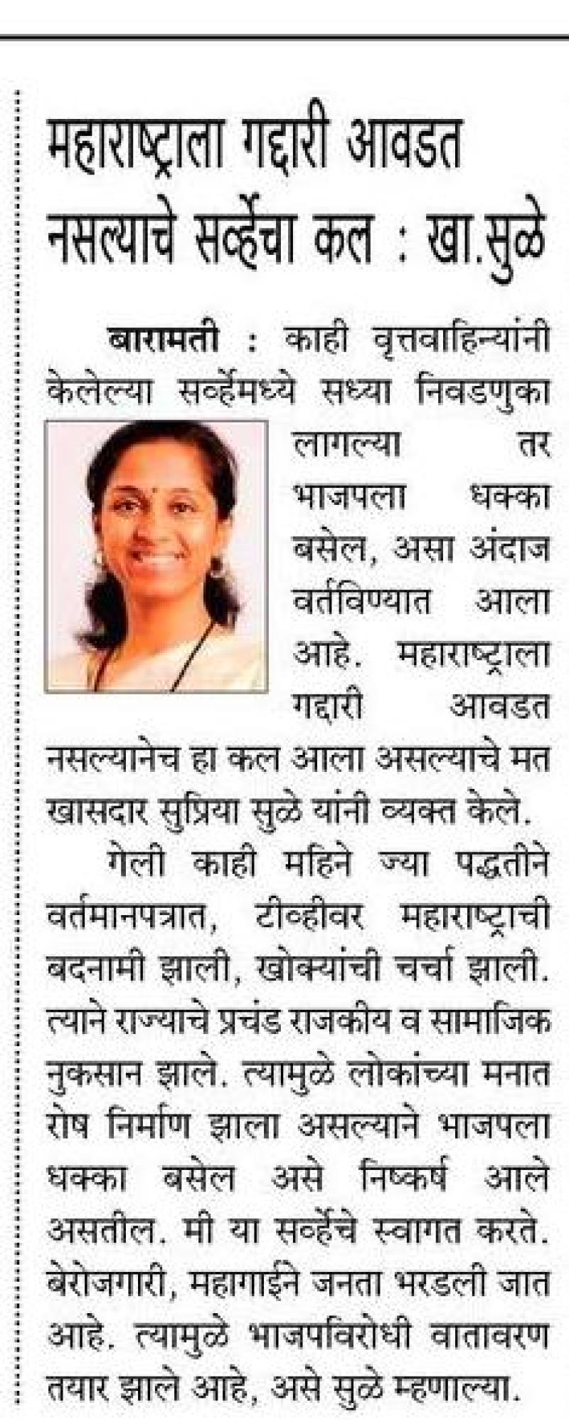 महाराष्ट्राला गद्दारी आवडत नसल्याचे सर्व्हेचा कल-खासदार सुप्रिया सुळे 