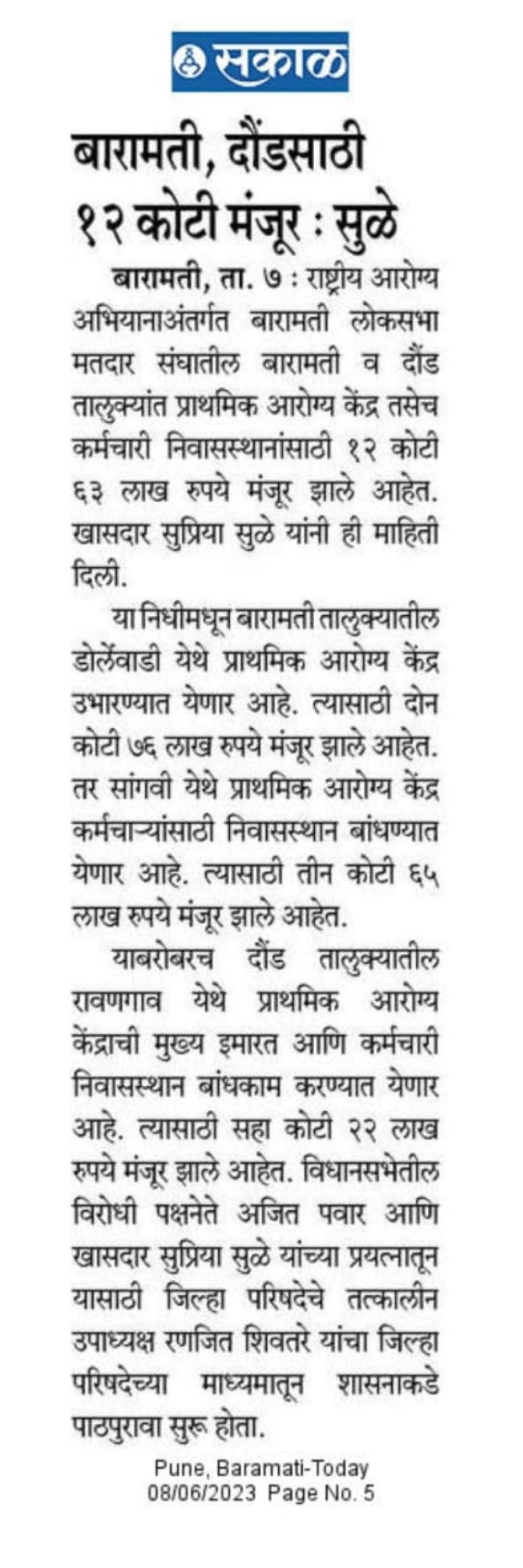 बारामती दौंडसाठी १२ कोटी मंजूर- खासदार सुप्रिया सुळे 