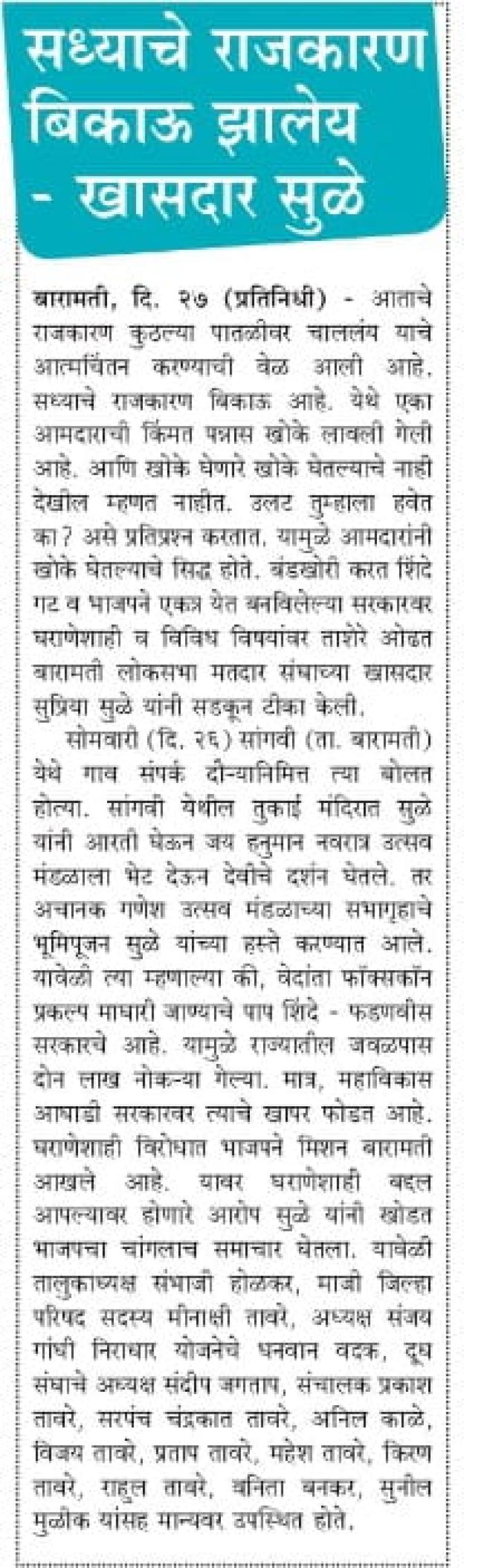 सध्याचे राजकारण बिकाऊ झालेय-खासदार सुप्रिया सुळे 