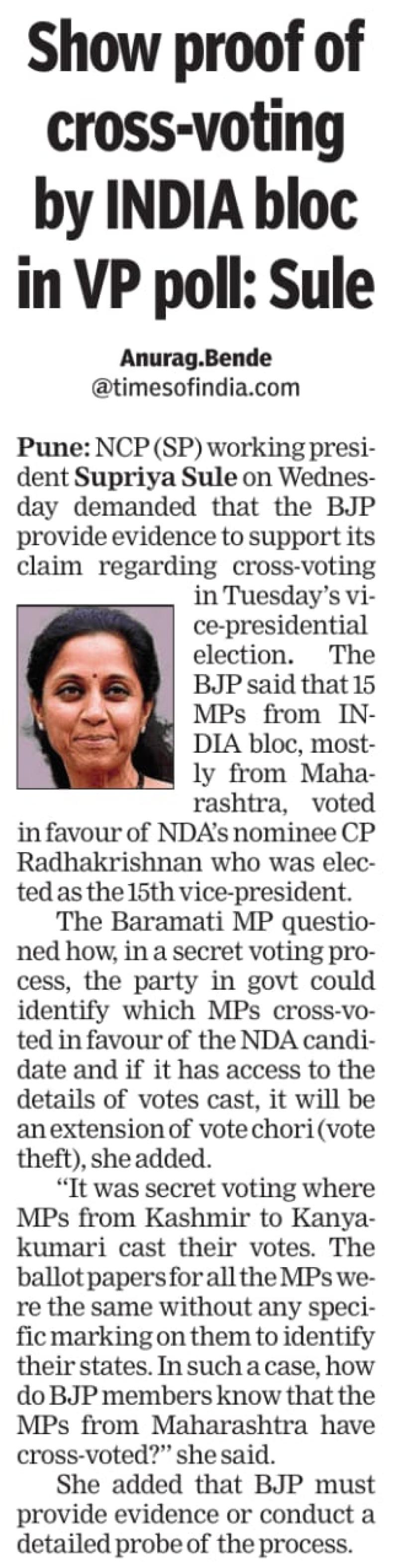 Show proof of cross-voting by INDIA bloc in VP poll: Sule