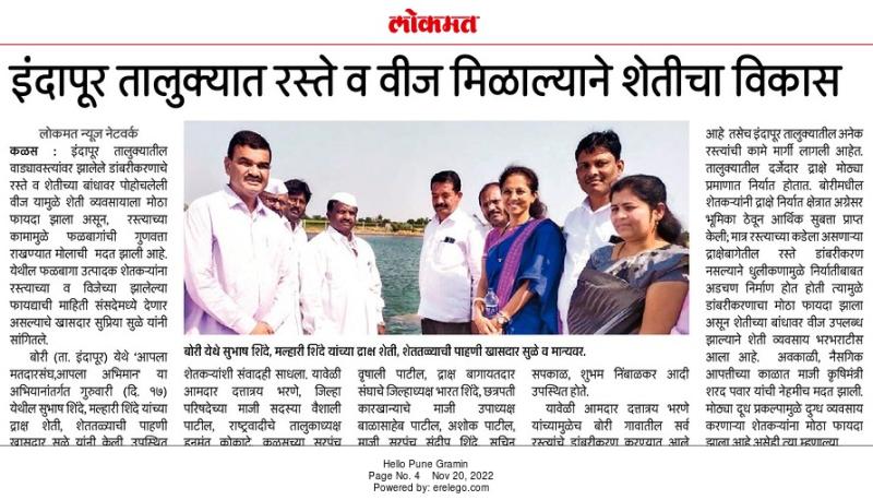 इंदापूर तालुक्यात रस्ते व वीज मिळाल्याने शेतीचा विकास-खासदार सुप्रिया सुळे 