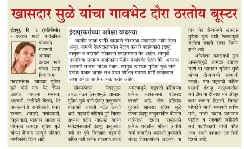 खासदार सुळे यांचा गावभेट दौरा ठरतोय बुस्टर