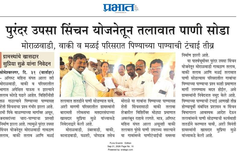 पुरंदर उपसा सिंचन योजनेतून तलावात पाणी सोडा, ग्रामस्थांचे खासदार सुप्रिया सुळे यांना निवेदन