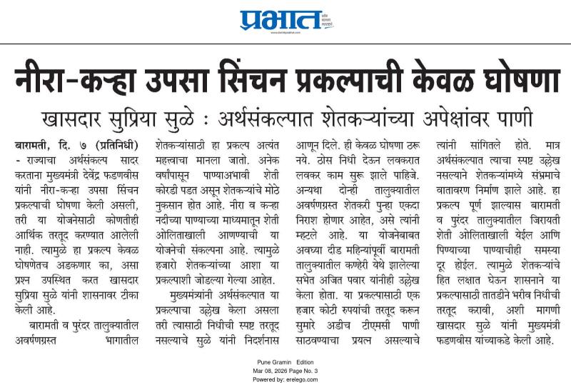 नीरा-कऱ्हा उपसा सिंचन प्रकल्पाची केवळ घोषणा - खासदार सुप्रिया सुळे