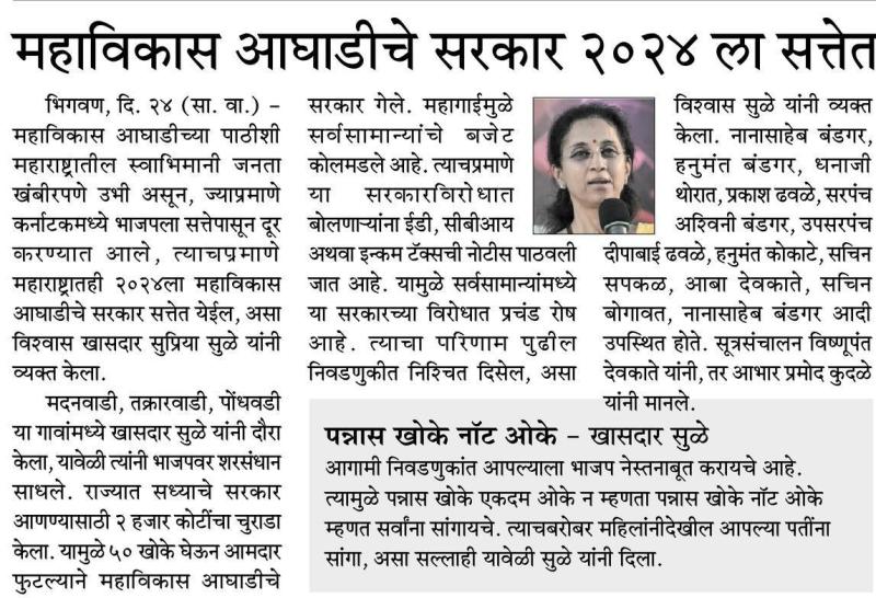 महाविकास आघाडीचे सरकार २०२४ ला सत्तेत- खासदार सुप्रिया सुळे 