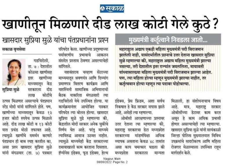 खाणीतून मिळणारे दीड लाख कोटी गेले कुठे-खासदार सुप्रिया सुळे 
