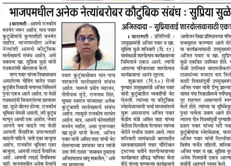 भाजपमधील अनेक नेत्यांबरोबर कौटुंबिक संबंध - खासदार सुप्रिया सुळे 