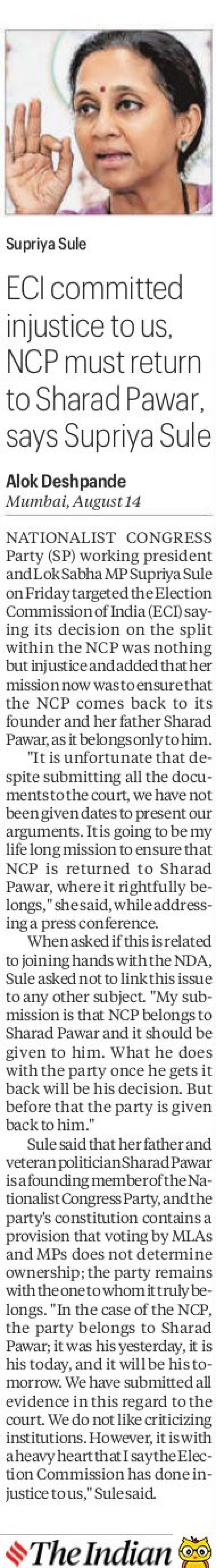 Mustice tous NCPratum to Sharad Pawar