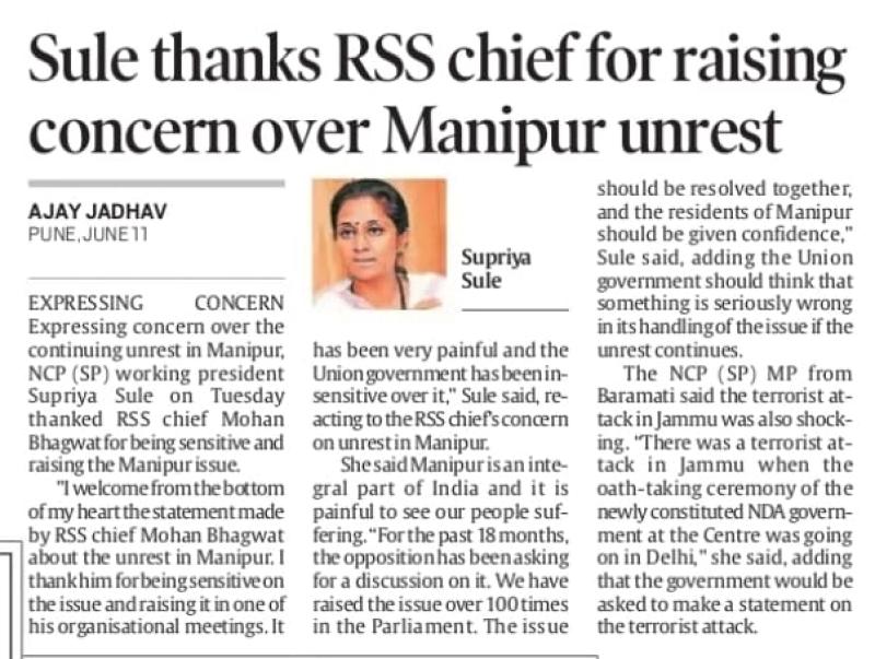 Sule thanks RSS chief for raising concern over Manipur unrest 