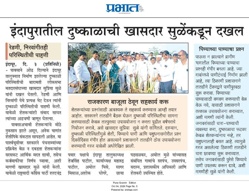 इंदापुरातील दुष्काळाची खासदार सुळेंकडून दखल