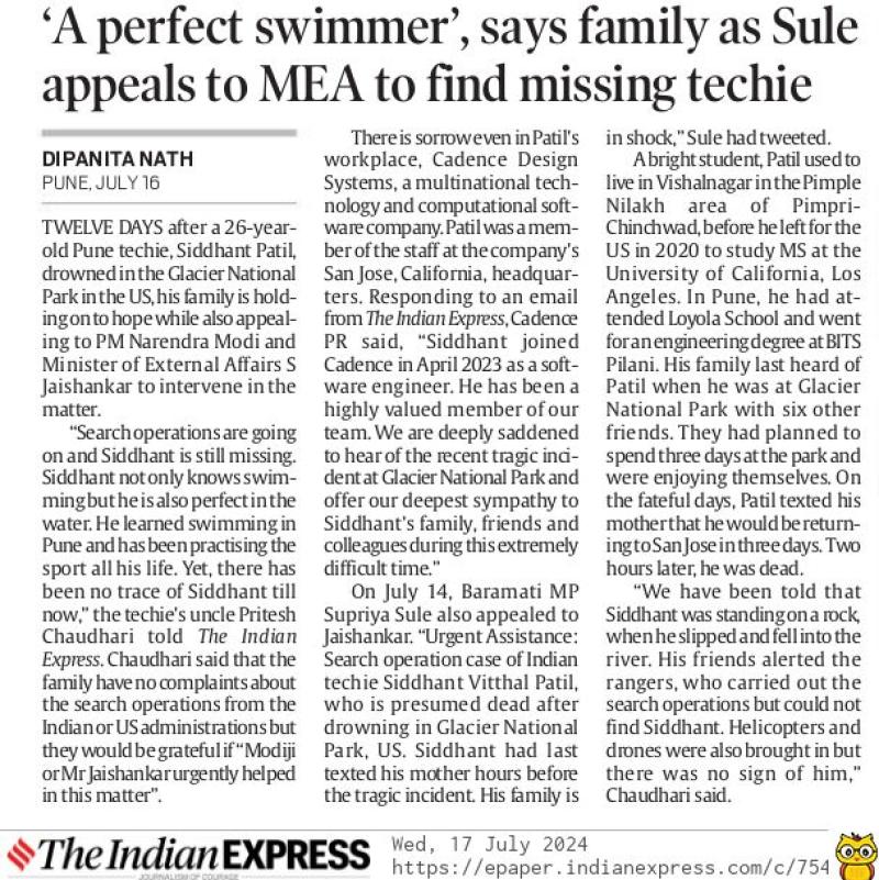 'A perfect swimmer ' , says family as Sule appeals to MEA to find missing techie