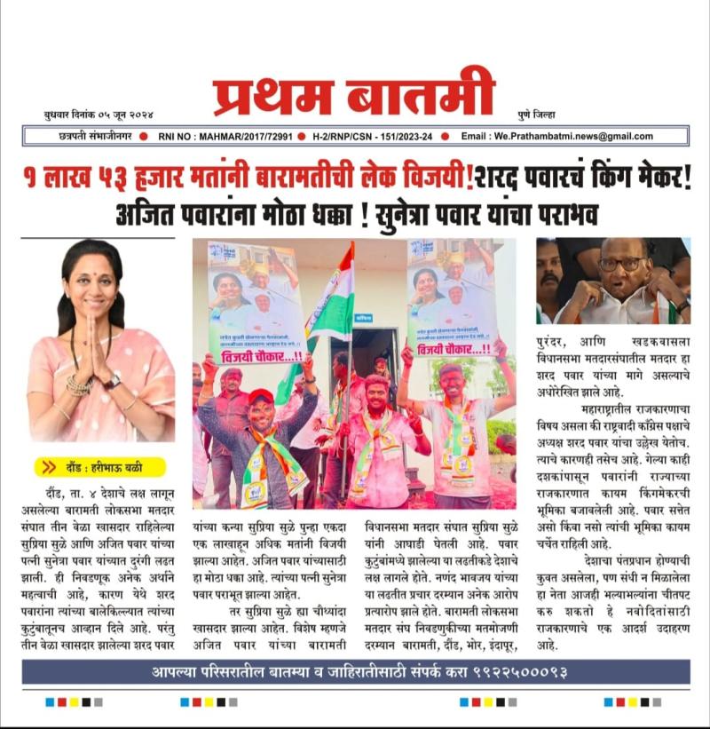 १ लाख ५३ हजार मतांनी बारामतीची लेक विजयी!