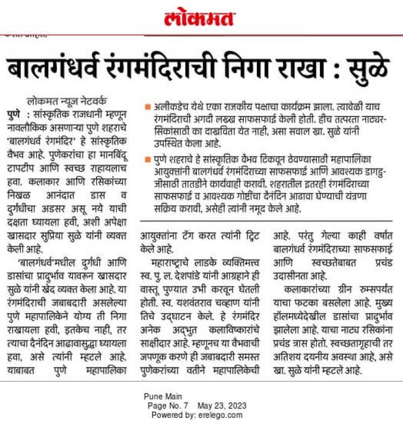 बालगंधर्व रंगमंदिराची निगा राखा- खासदार सुप्रिया सुळे 