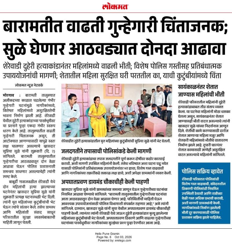 बारामतीत वाढती गुन्हेगारी चिंताजनक; सुळे घेणार आठवड्यात दोनदा आढावा