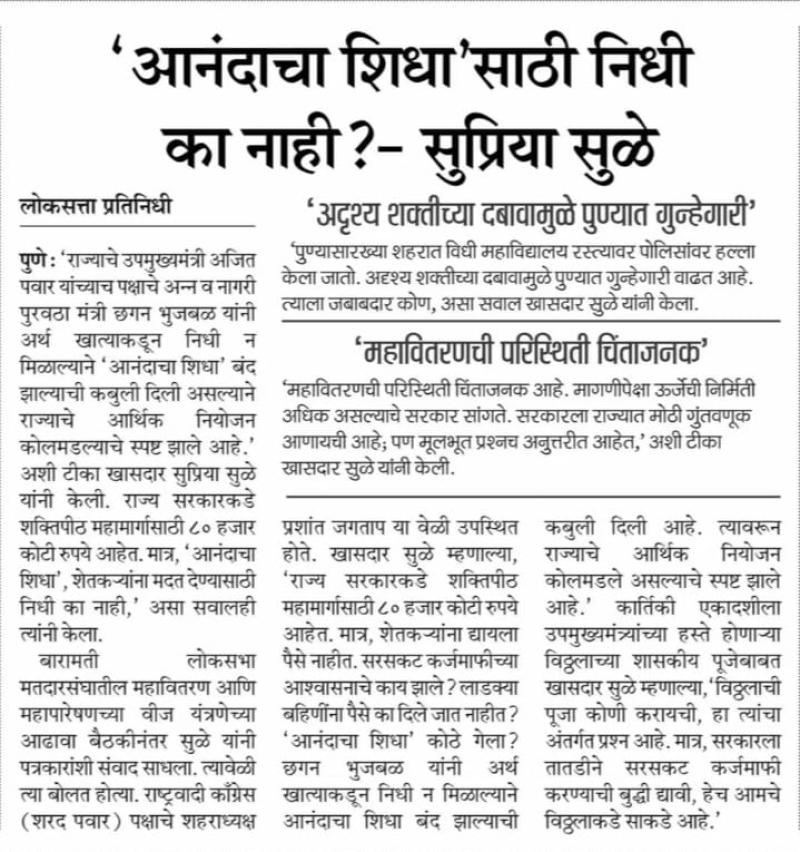 'आनंदाचा शिधा'साठी निधी का नाही ?- सुप्रिया सुळे