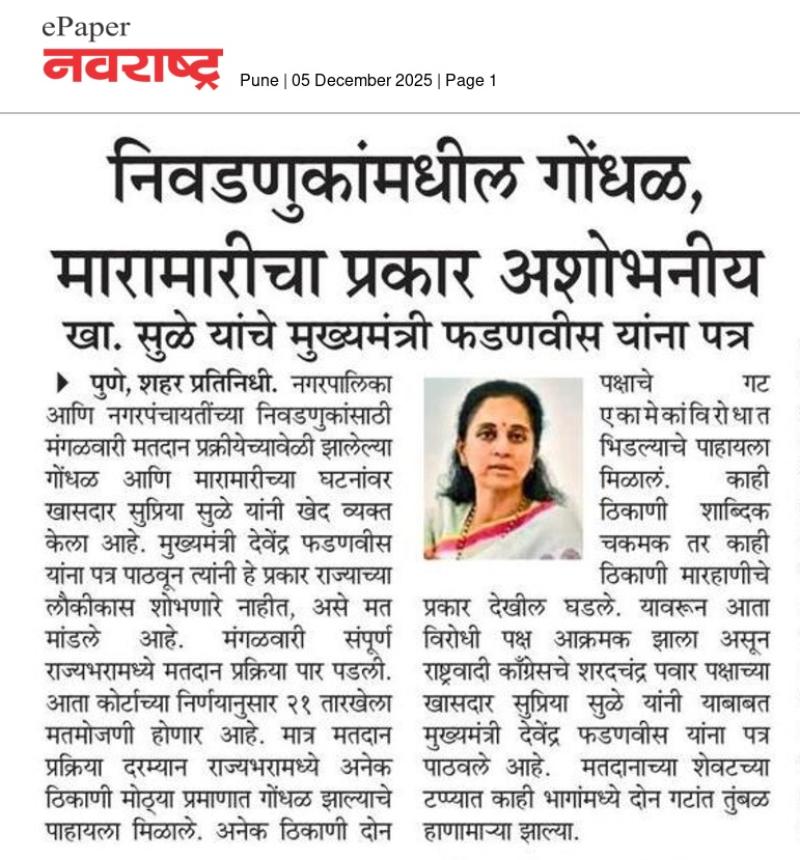 निवडणुकांमधील गोंधळ, मारामारीचा प्रकार अशोभनीय खा. सुळे यांचे मुख्यमंत्री फडणवीस यांना पत्र