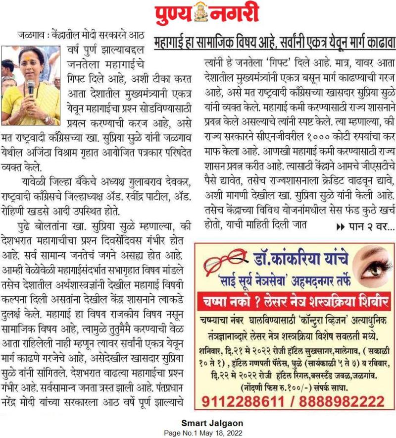 महागाई हा सामाजिक विषय,एकत्र येऊन मार्ग काढावा-खासदार सुप्रिया सुळे 