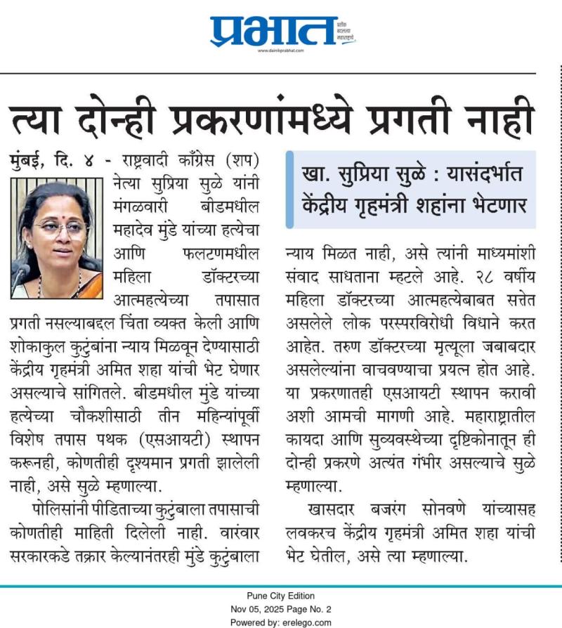 त्या दोन्ही प्रकरणांमध्ये प्रगती नाही - खा. सुप्रिया सुळे