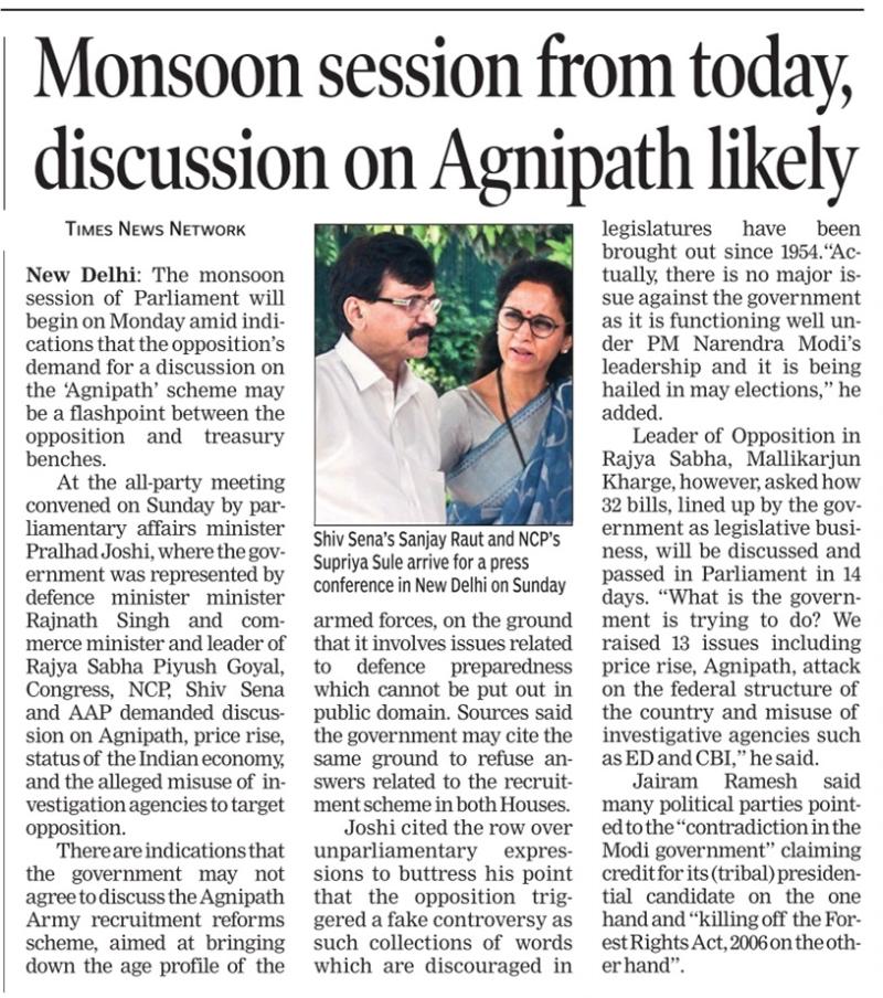 Monsoon session from today, discussion on Agnipath likely