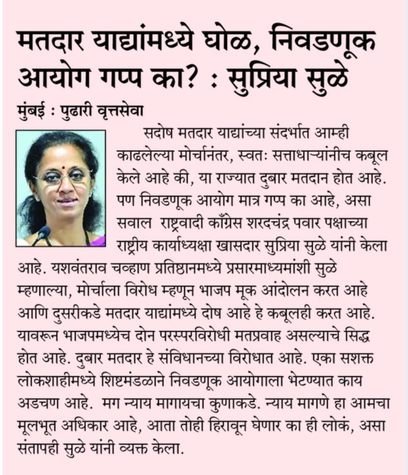 मतदार याद्यांमध्ये घोळ, निवडणूक आयोग गप्प का? : सुप्रिया सुळे