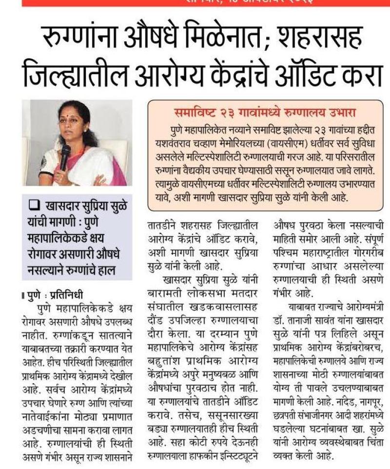 रुग्णांना औषधे मिळेनात, शहरासह जिल्ह्यातील आरोग्य केंद्राचे ऑडिट करा - खासदार सुप्रिया सुळे 